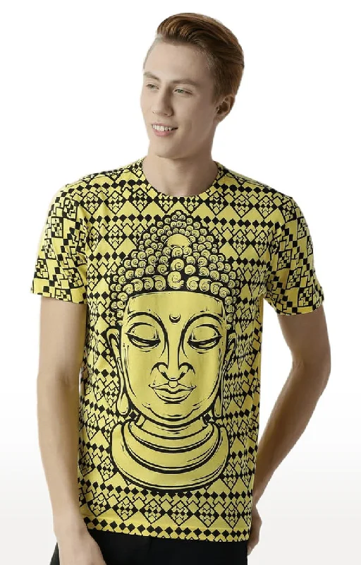 Huetrap Yellow Mens Short Sleeve Graphic Printed Tshirt-HT16MKGRAYLW00296Recycled Fabric Short Sleeve Tops