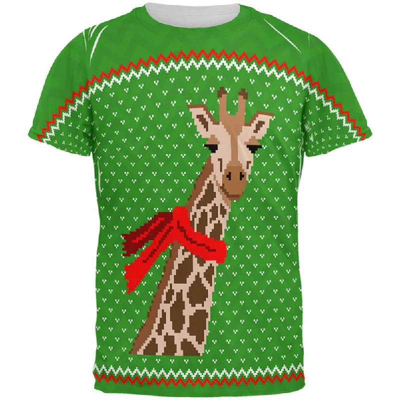 Ugly Christmas Sweater Big Giraffe Scarf All Over Mens T ShirtBand Merch T-Shirts