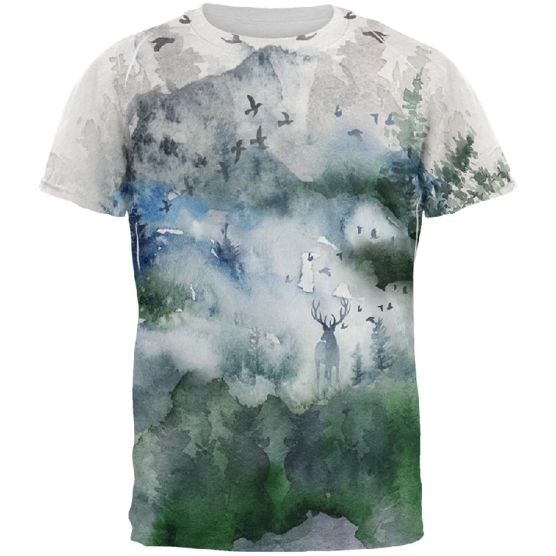 Watercolor Deer in the Mist All Over Mens T ShirtSports Team T-Shirts