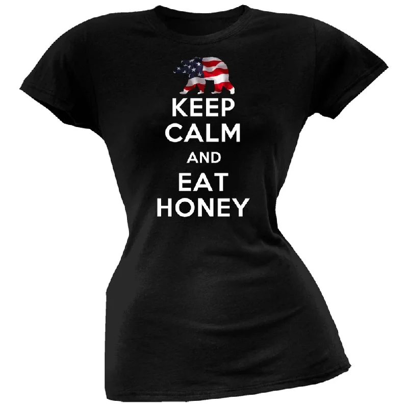 Keep Calm and Eat Honey USA Flag Black Womens T-ShirtRelaxed Fit T-Shirts