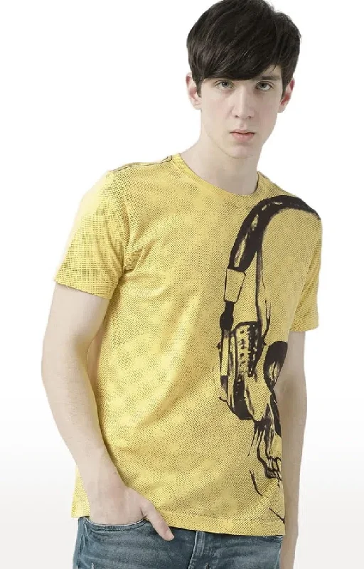 Huetrap Yellow Mens Short Sleeve Graphic Printed Tshirt-HT17MKGRAYLW00685Relaxed Fit Short Sleeve Tops