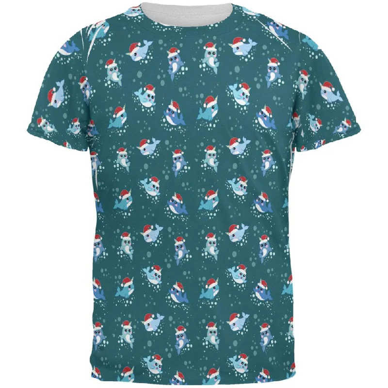 Christmas Narwhals in Santa Hats Pattern All Over Mens T ShirtBoat Neck T-Shirts