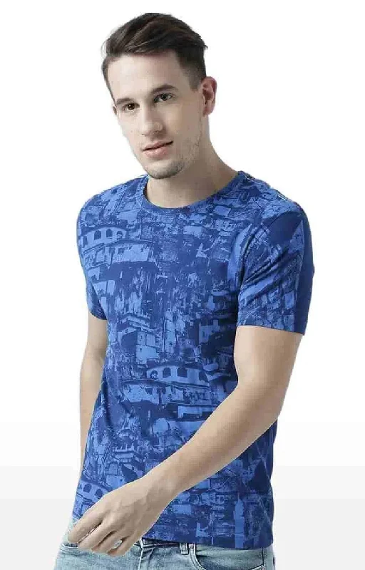 Huetrap Blue Mens Short Sleeve Graphic Printed Tshirt-HT17MKGRALNY00680Silk Short Sleeve Tops