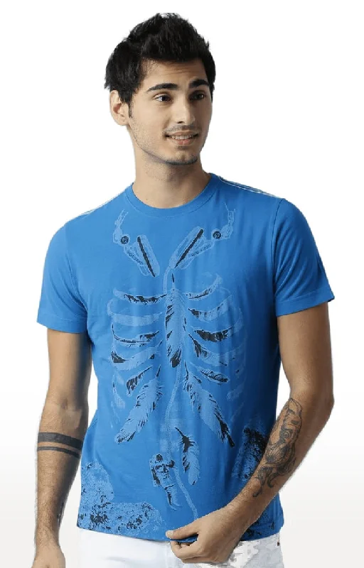 Huetrap Blue Mens Short Sleeve Graphic Printed Tshirt-HT17MKGRASUR00308UV-Protection Short Sleeve Tops