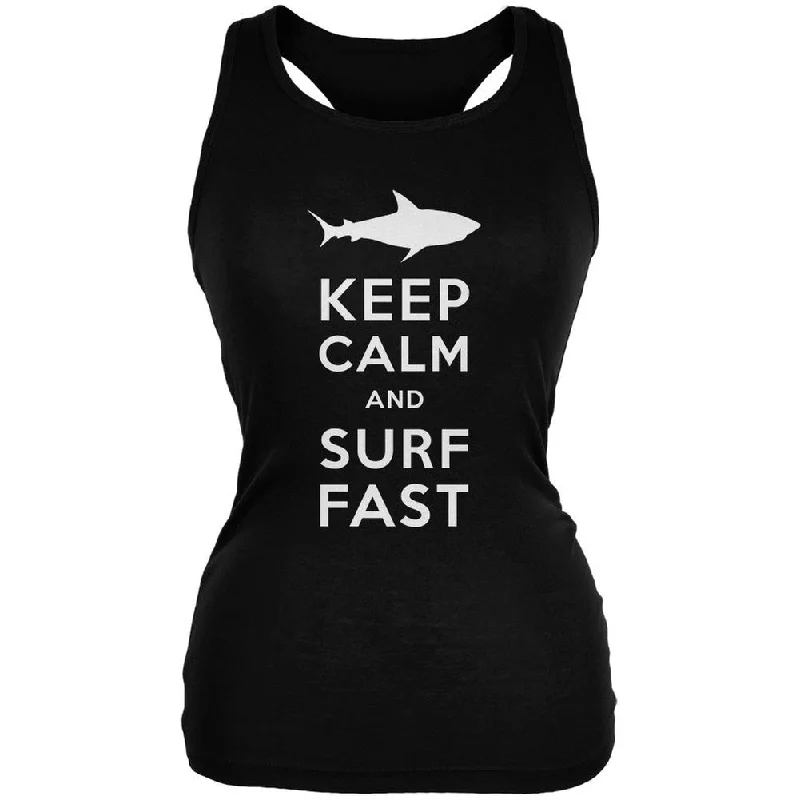 Shark Keep Calm and Surf Fast Black Juniors Soft Tank TopBoat Neck T-Shirts