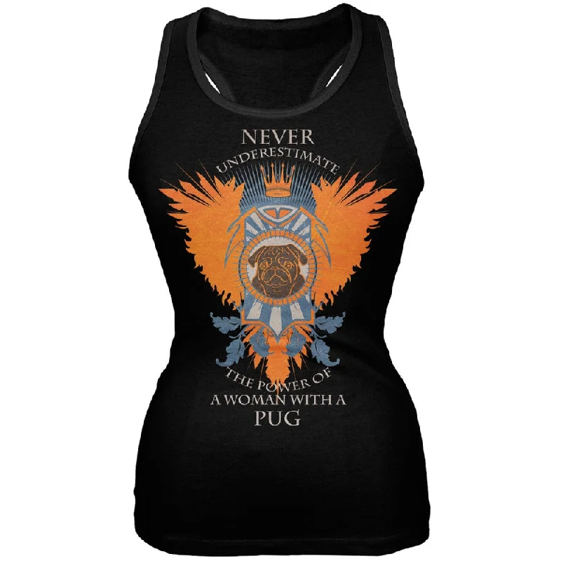 Never Underestimate Woman Power Pug Black Juniors Tank TopVintage T-Shirts