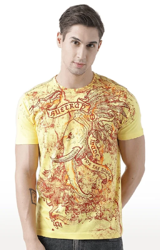 Huetrap Yellow Mens Short Sleeve Graphic Printed Tshirt-HT17MKGRAYLW01065Mesh Short Sleeve Tops