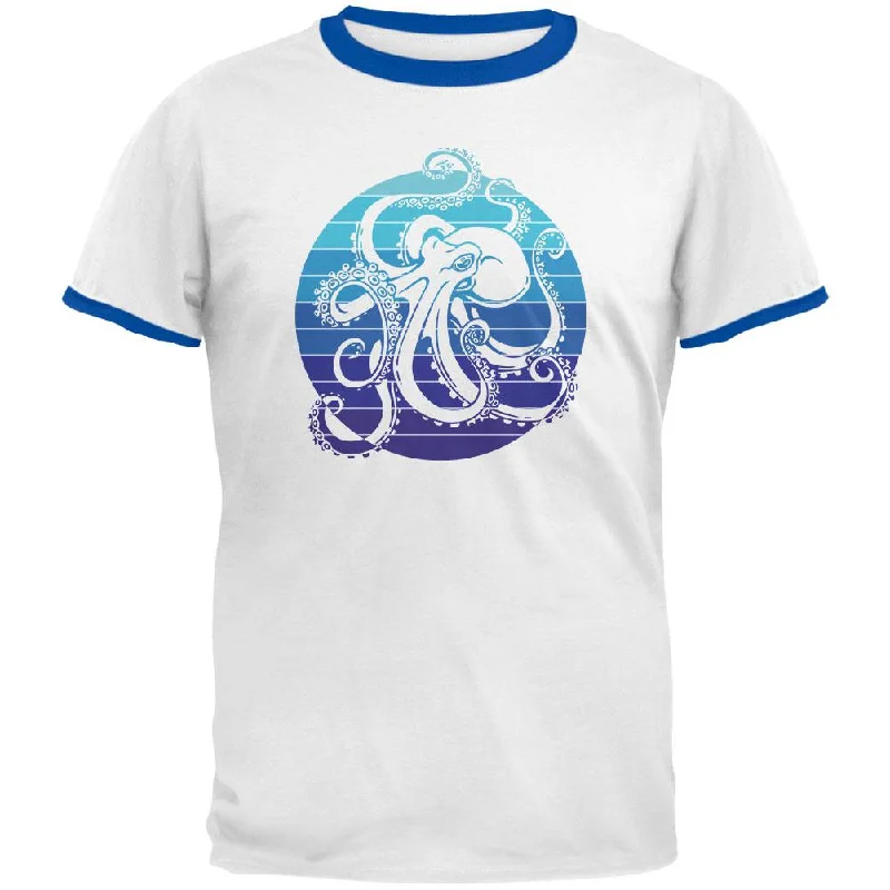 Kraken Octopus Ocean Retro Sunset Circle Mens Ringer T ShirtLogo T-Shirts