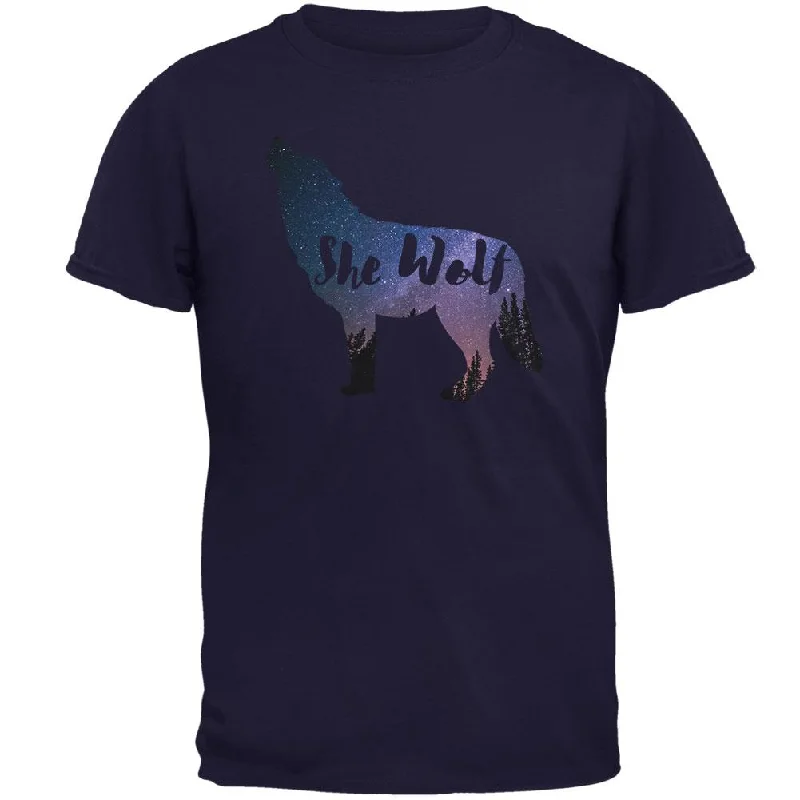 She Wolf Night Sky Landscape Mens T ShirtBoat Neck T-Shirts