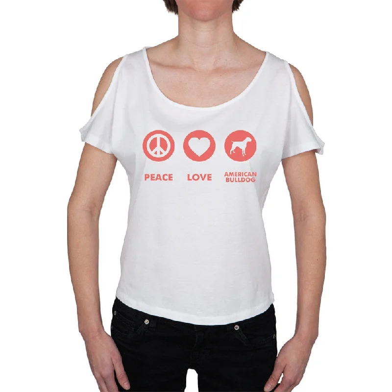 Peace Love American Bulldog Open-Shoulder Juniors TopTasseled T-Shirts