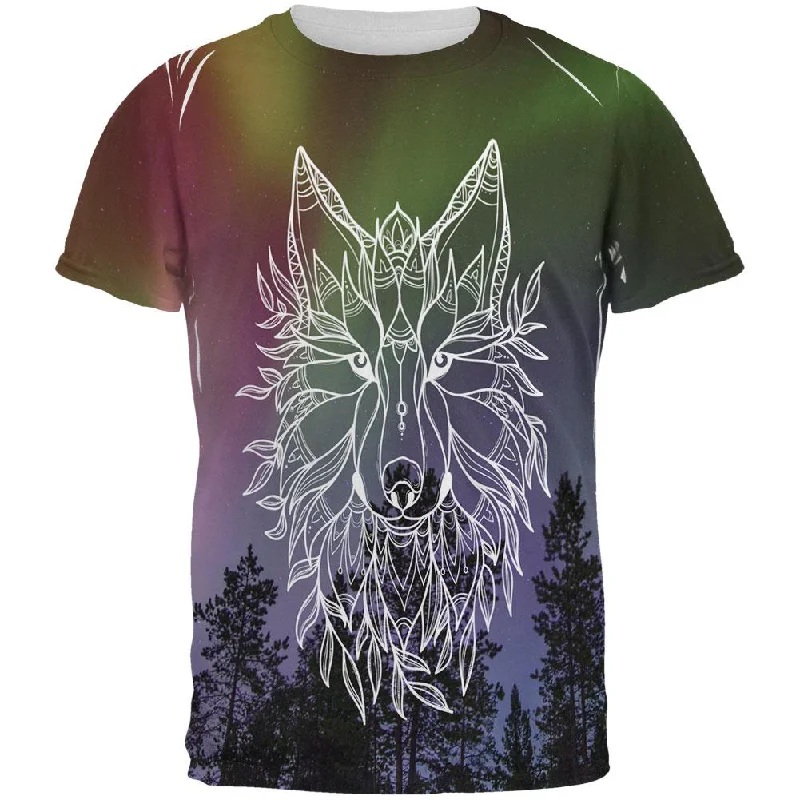 Wolf Northern Lights Night Line Art All Over Mens T ShirtLayered T-Shirts