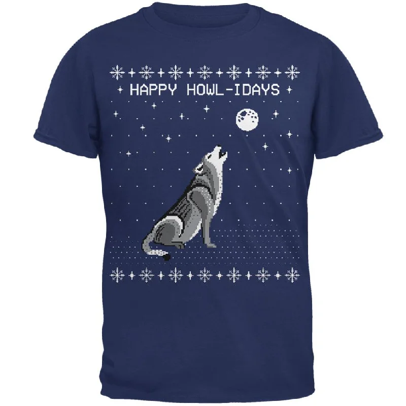 Happy Howl-idays Holidays Wolf Ugly Christmas Sweater Mens T ShirtCollege T-Shirts