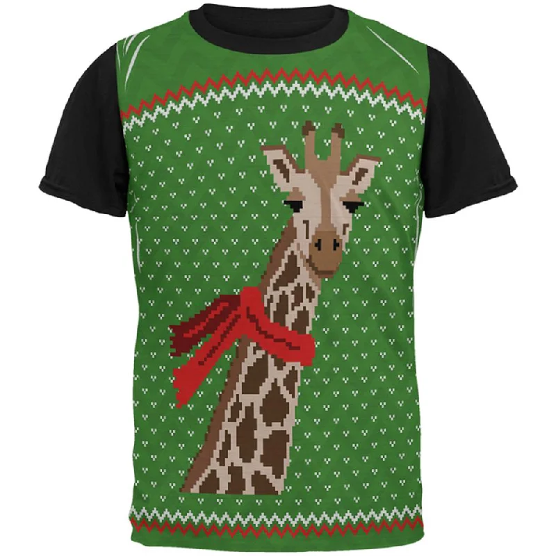 Ugly Christmas Sweater Big Giraffe Scarf All Over Mens Black Back T ShirtRetro T-Shirts