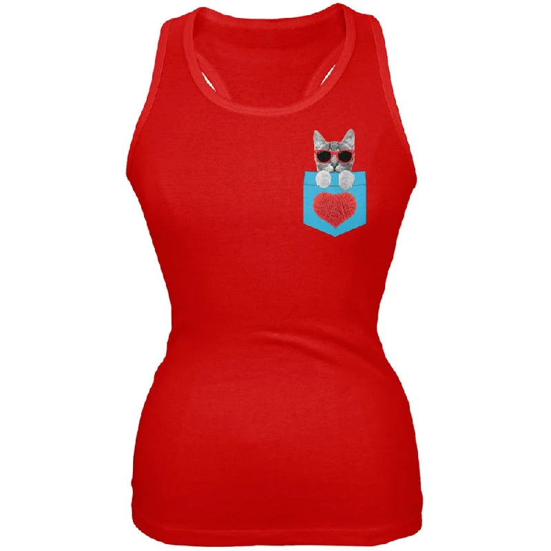 Faux Pocket Women's Chillin Cat Tank TopSequined T-Shirts