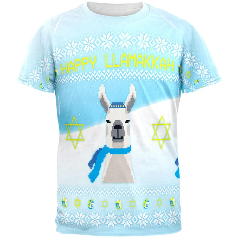 Ugly Christmas Sweater Llama Llamakkah Hanukkah All Over Mens T ShirtHigh-Fashion T-Shirts