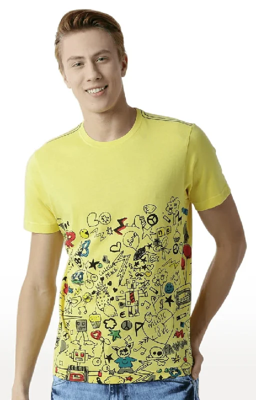 Huetrap Yellow Mens Short Sleeve Graphic Printed Tshirt-HT16MKGRAYLW00377Off-Shoulder Short Sleeve Tops