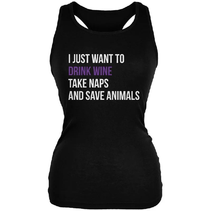 Drink Wine Take Naps and Save Animals Black Juniors Soft Tank TopMetallic T-Shirts