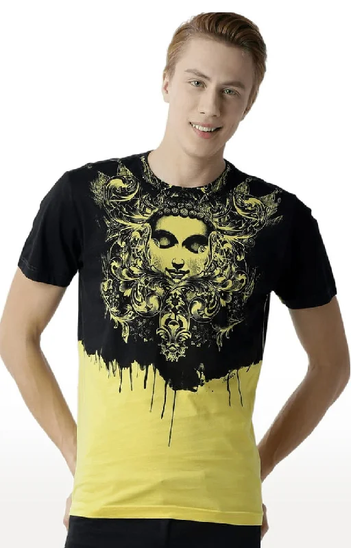 Huetrap Yellow Mens Short Sleeve Graphic Printed Tshirt-HT16MKGRAYLW00269Cotton Short Sleeve Tops