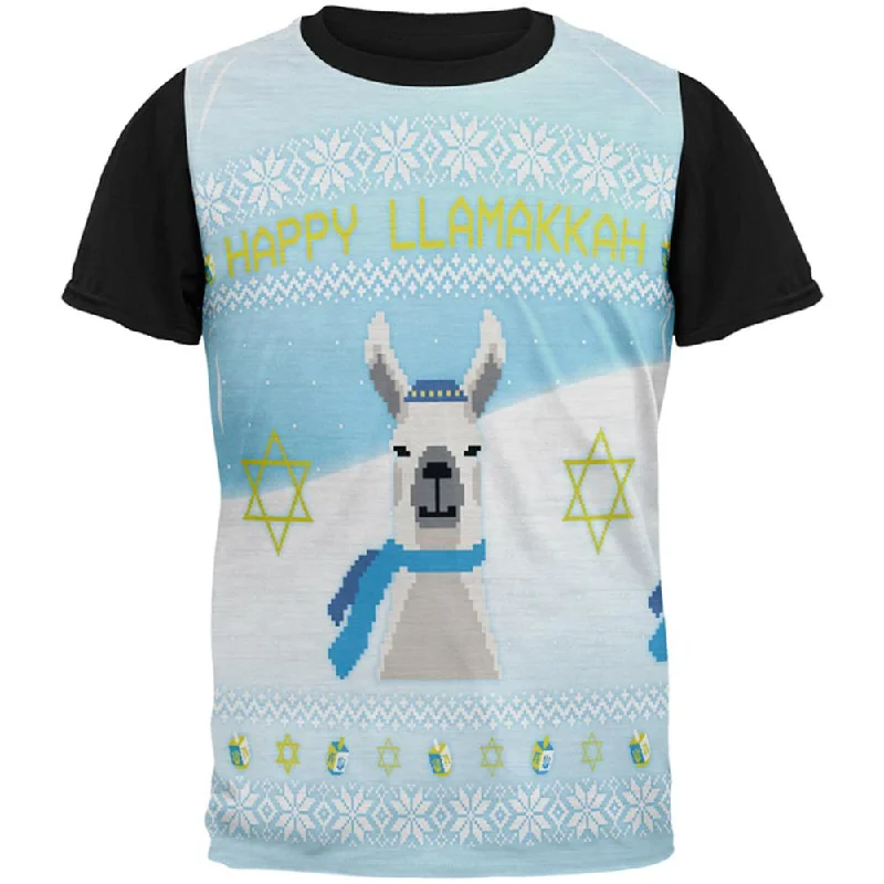 Ugly Christmas Sweater Llama Llamakkah Hanukkah All Over Mens Black Back T ShirtLuxury T-Shirts