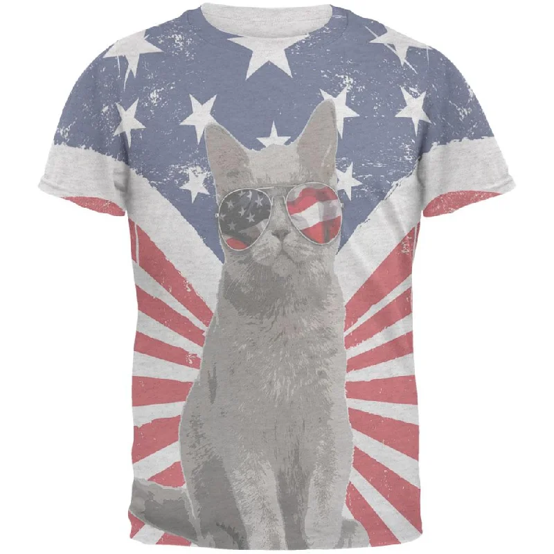 4th Of July Meowica America Patriot Cat Mens Soft T ShirtLeather-Paneled T-Shirts