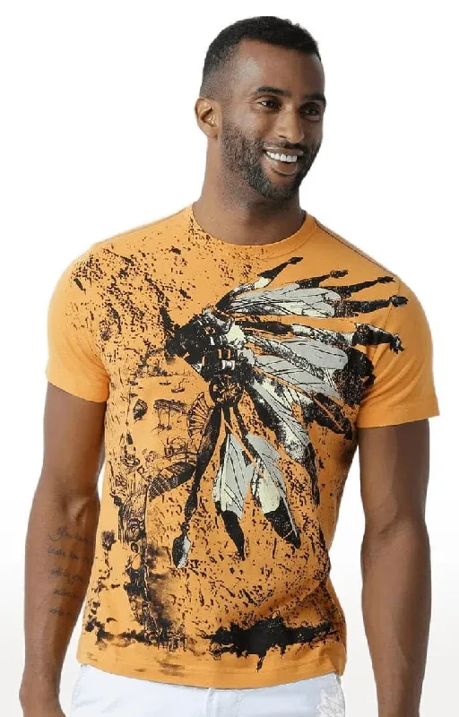 Huetrap Orange Mens Short Sleeve Graphic Printed Tshirt-HT17MKGRABZO00317Embroidered Short Sleeve Tops