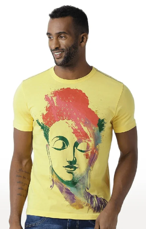 Huetrap Yellow Mens Short Sleeve Graphic Printed Tshirt-HT16MKGRAYLW00329Sheer Short Sleeve Tops