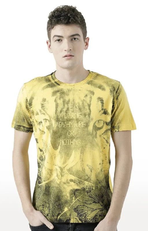 Huetrap Yellow Mens Short Sleeve Graphic Printed Tshirt-HT17MKGRAYLW00613Travel Short Sleeve Tops