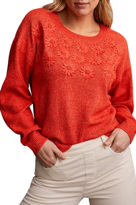 CrewneckdetailJersey Short Sleeve TopsCrew Neck Sweater With Knit Floral Appliques In Crimson