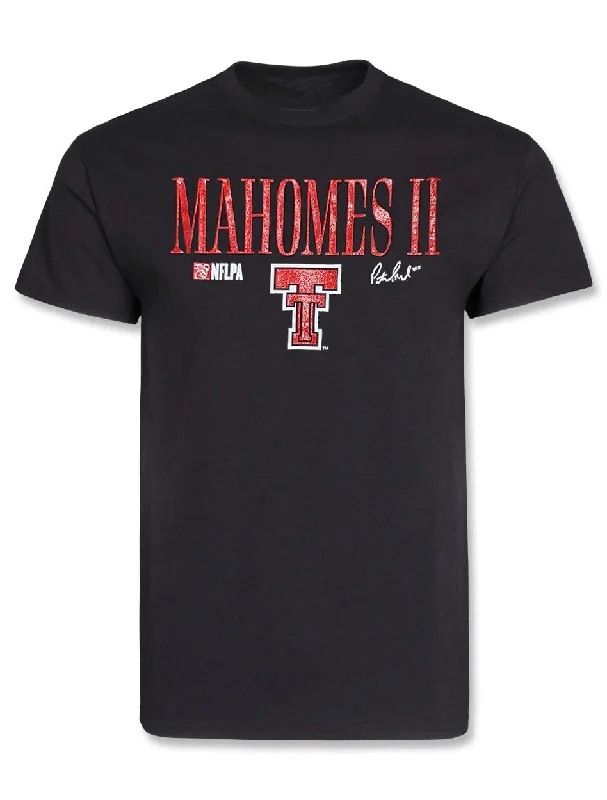 Texas Tech "Glitter Mahomes Namplate" Rounded Bottom Short Sleeve T-ShirtPrinted Short Sleeve Tops