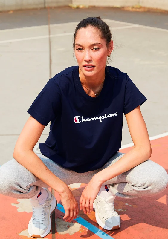 Champion Womens Script Short Sleeve Tee Navy <BR> CVRGN NAVUV-Protection Short Sleeve Tops