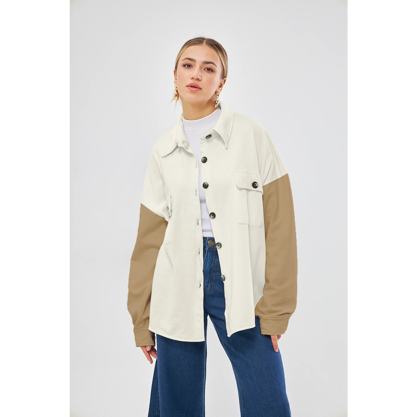 Cycling HoodiesOff-White Contrast Sleeves Oversized Shacket