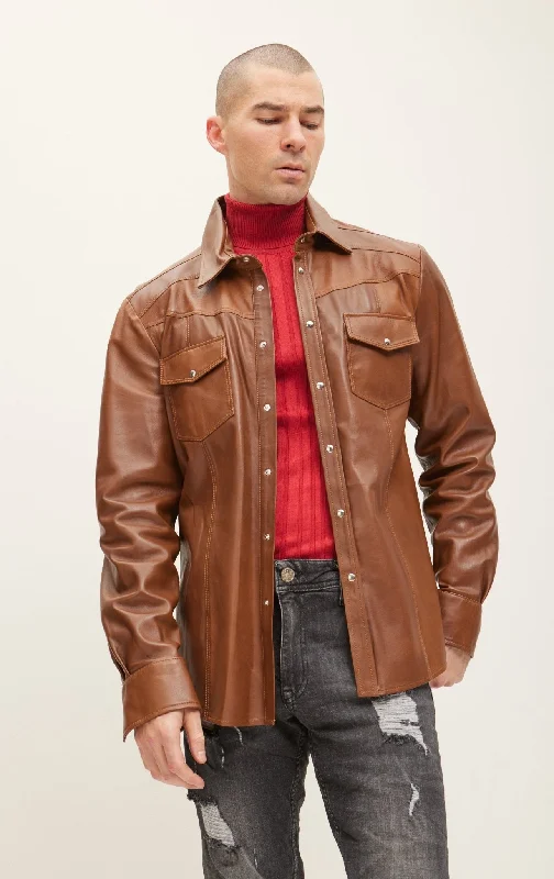 Genuine Lambskin Leather Shirt - BrownAsymmetrical Jackets