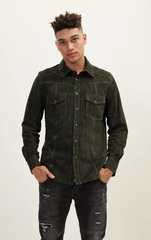 Genuine Suede Leather Fitted Shirt - KhakiFleece Jackets