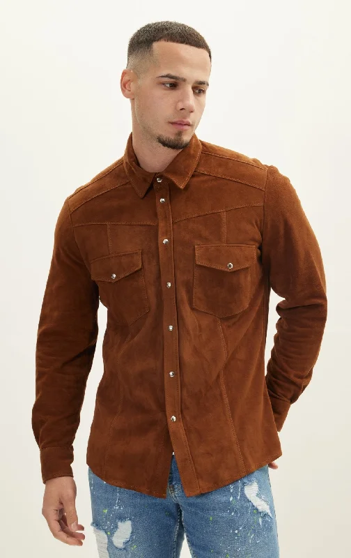 Genuine Suede Leather Fitted Shirt - BrownHemp Jackets