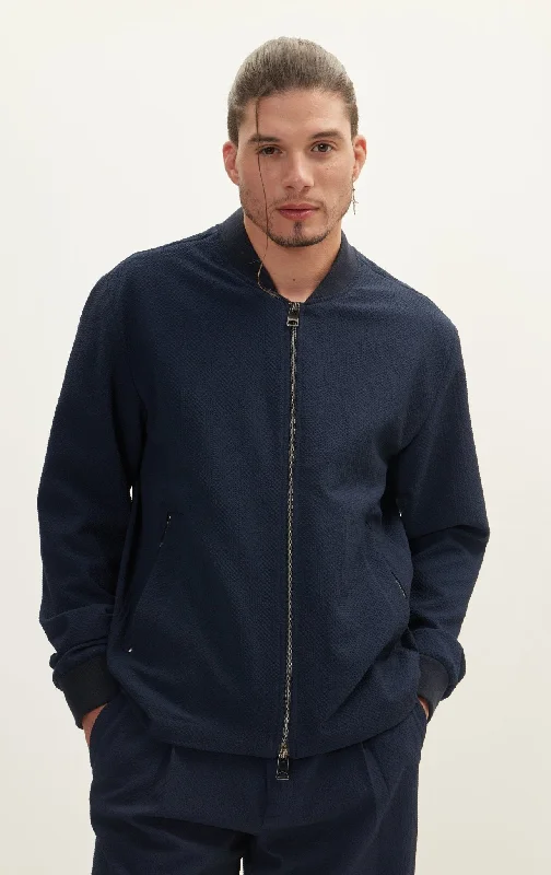 Waffle Stretch Beach Day Bomber Jacket - NavyTrench Coats