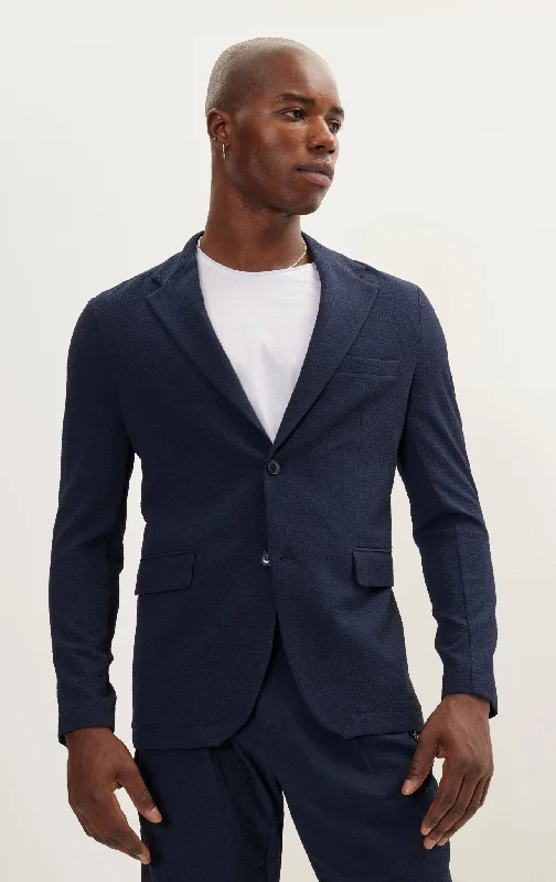 Waffle Stretch Beach Day Notch Lapel Jacket - NavyPolyester Jackets