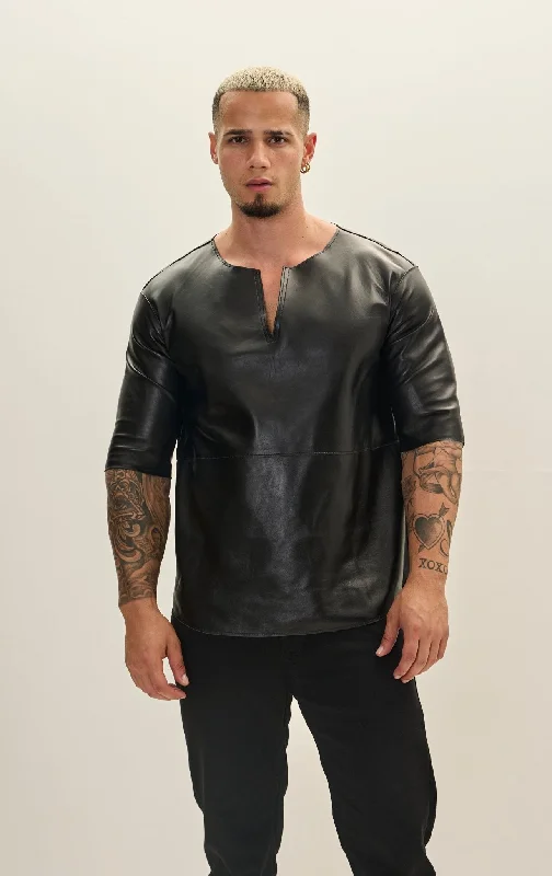 The Lambskin Leather Three Quarter V Neck Shirt - BlackSports Team Jackets