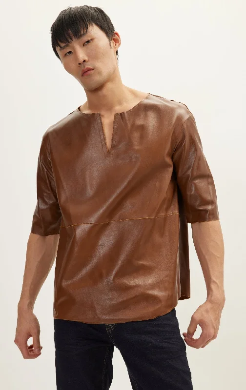 The Lambskin Leather Three Quarter V Neck Shirt  - BrownCotton Jackets