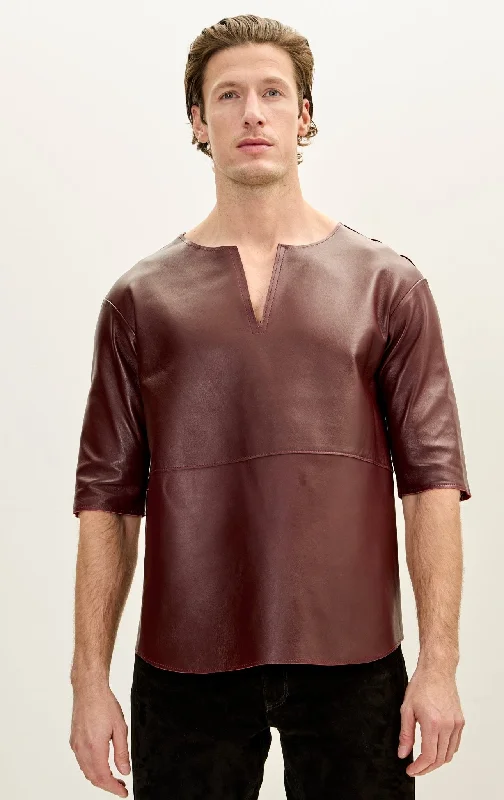 The Lambskin Leather Three Quarter V Neck Shirt - BurgundyThermal Jackets