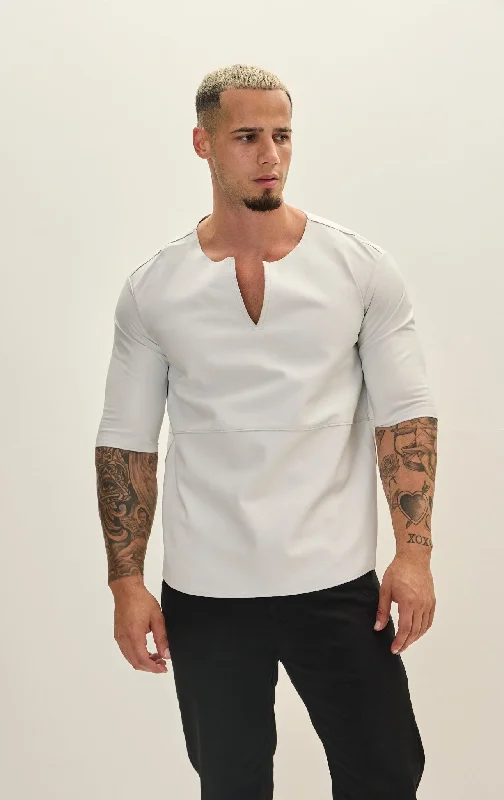 The Lambskin Leather Three Quarter V Neck Shirt - WhiteRibbed Cuff Jackets