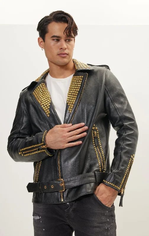 Studded Lambskin Leather Jacket  - Black GoldWindbreakers