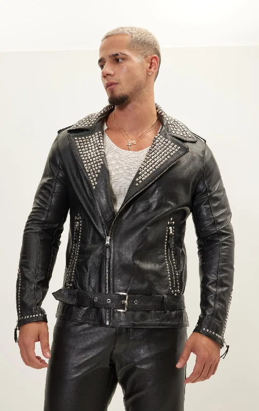 Studded Lambskin Leather Jacket - Black SilverRain Jackets