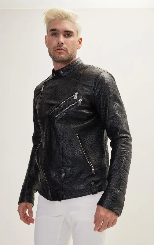 Double Zipper Cafe Racers Jacket - Black Leather Snake EmbossedQuilted Jackets