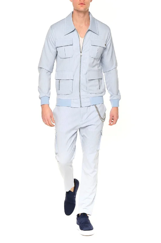 Pinstriped Utility Bomber Jacket - Light BlueTasseled Jackets