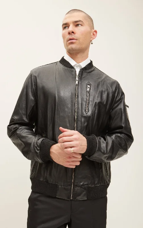 Leather Bomber Jacket - BlackButton-Up Jackets