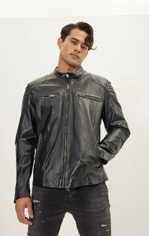 Shoulder Patch Moto Leather Jacket - BlackEmbellished Jackets