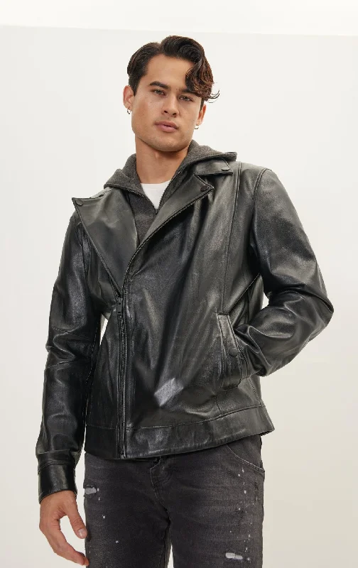 Genuine Leather Jacket With Removable Hood - BlackNylon Jackets