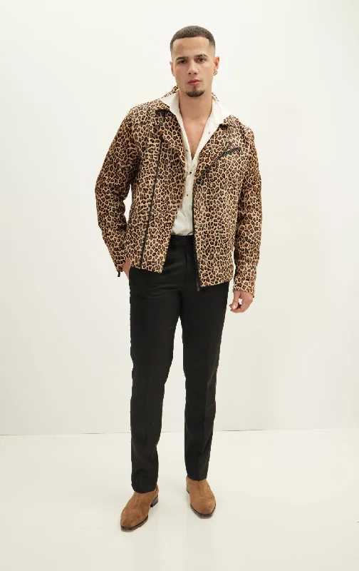 Calf Hide Asymmetric Leather Jacket - CheetahHooded Jackets