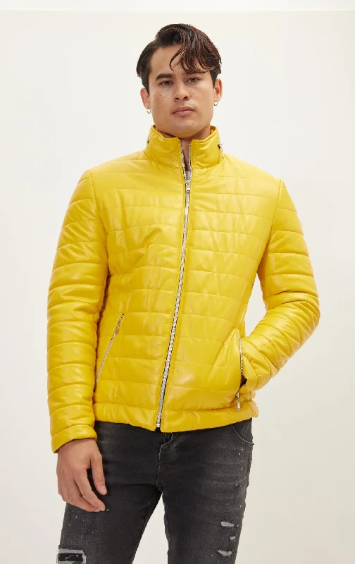 Lambskin Leather Puffer Jacket - YellowLeather Jackets