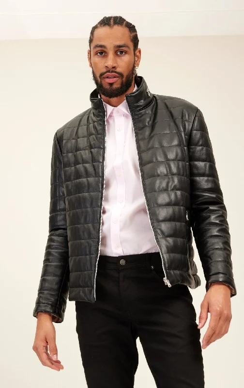 Lambskin Leather Puffer Jacket - BlackSherpa Jackets